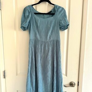 Teal blue pastel midi dress sweetheart neckline puffy sleeve dress